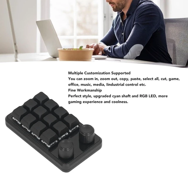 Alt view image 6 of 6 - Walfront Mini Gaming Keypad 12 Keys 2 Knobs Blue Switch Programming Macro Pad with RGB Light for Industry Multiple Customization Supported Black Color