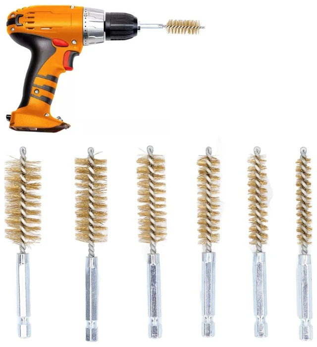 Alt view image 5 of 6 - Walfront 6PCS Nylon Bore Brush Cleaning Brush Set 1/4" Hex Shank for Drill Twisted Wire Cup Brush for Cleaning Holes Tubes Non-Scratch Cleaning for Automotive Welding (Yellow Copper)