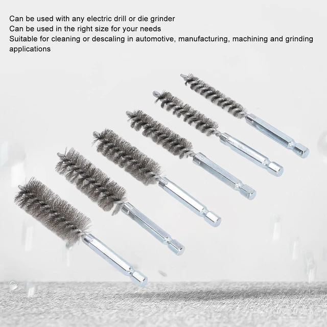 Alt view image 5 of 6 - Walfront 6PCS Hole Cleaning Brushes Bore Brush Twisted Wire Cleaning Brush Power Drill Wire Brush 1/4in Hex Shank Steel Wire Silver