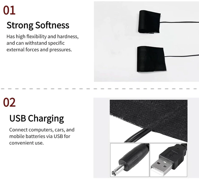 Alt view image 6 of 6 - Portable Heating Pad 1 Pair Black USB Carbon Fiber Heating Mat 5V Electric Heating Film Heater Pads Heating Film Heat Pad for Warming Feet Knee Washable 35-50
