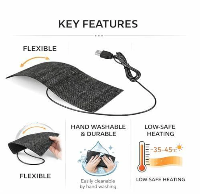 Alt view image 5 of 6 - USB Heating Pad Heated Mat Electric Warming Mat Black USB Carbon Fiber Heating Mat 5V Pad Warm Blanket, Pouch 20 × 10 Cm (Pack of 2)
