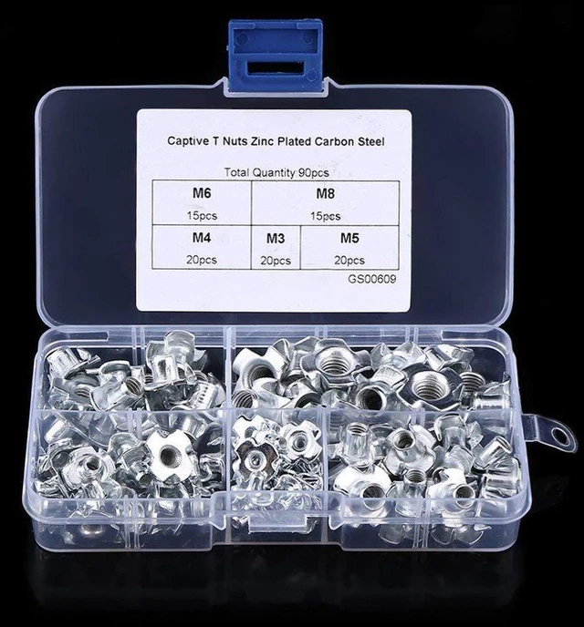 Alt view image 2 of 6 - 90pcs Nut Zinc Plated Carbon Steel T Nuts Four Pronged Blind Inserts for Wood Furniture Rock Climbing Holds M3/M4/M5/M6/M8