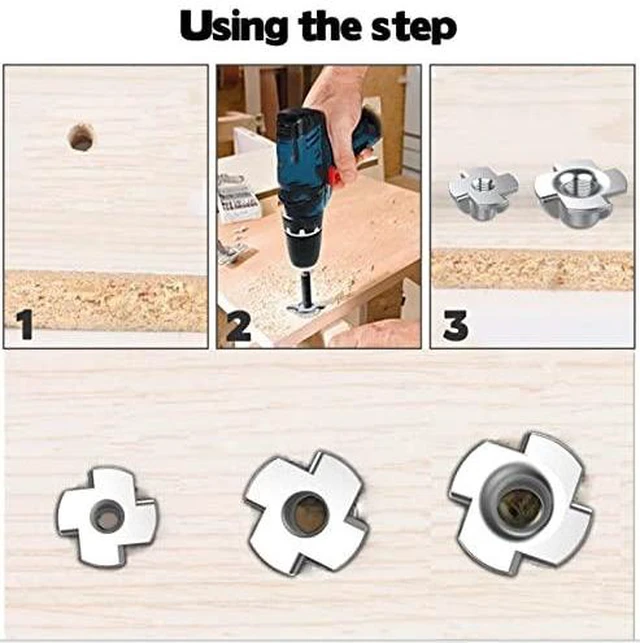 Alt view image 6 of 6 - 90pcs Nut Zinc Plated Carbon Steel T Nuts Four Pronged Blind Inserts for Wood Furniture Rock Climbing Holds M3/M4/M5/M6/M8