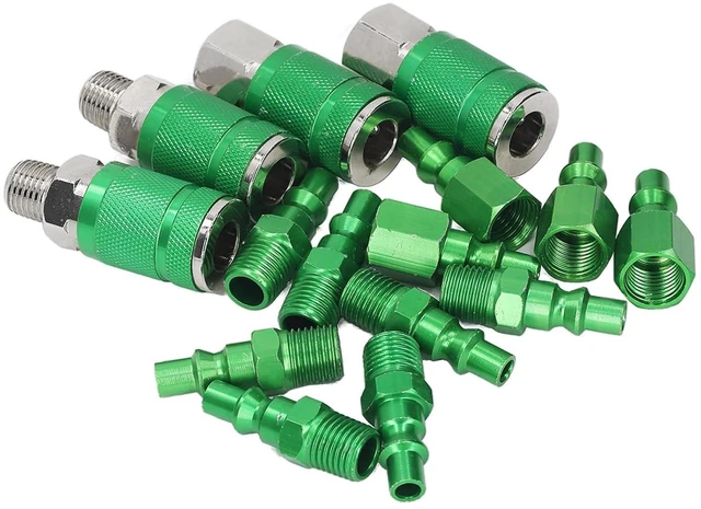 Main image of ARO Aluminum Air Coupler Quick Connector 1/4in NPT Green Anodized 300 PSI 4 Couplers 10 Plugs for Air Hoses