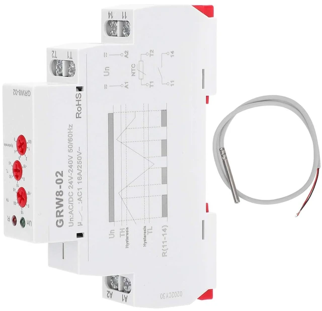 Main image of Digital Temperature Controller Thermostat, AC/DC 24V-240V DIN Rail Mount with Probe, Heating and Cooling Mode for HVAC Industrial Equipment and Home Automation
