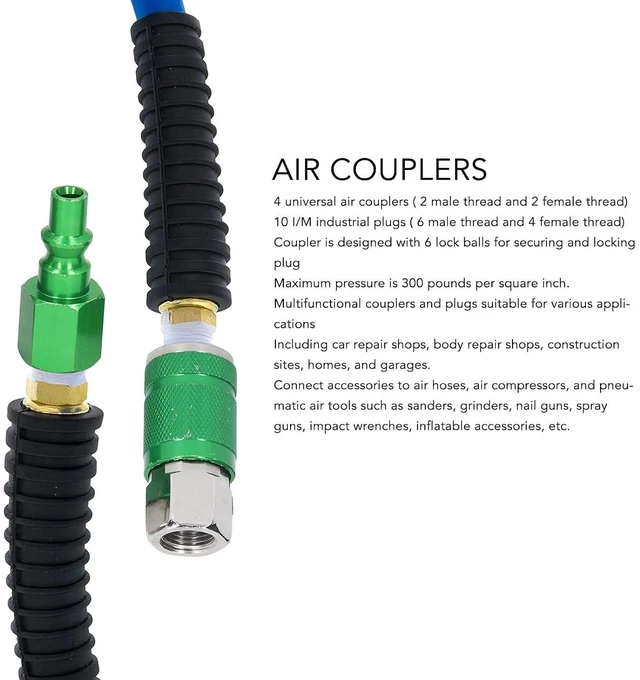 Alt view image 4 of 6 - ARO Aluminum Air Coupler Quick Connector 1/4in NPT Green Anodized 300 PSI 4 Couplers 10 Plugs for Air Hoses