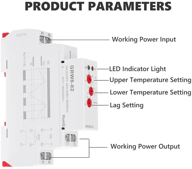 Alt view image 4 of 6 - Digital Temperature Controller Thermostat, AC/DC 24V-240V DIN Rail Mount with Probe, Heating and Cooling Mode for HVAC Industrial Equipment and Home Automation