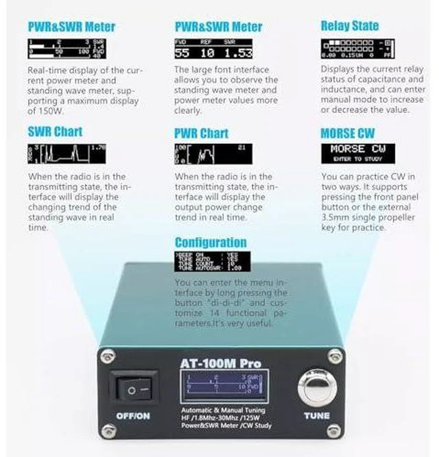 Alt view image 4 of 6 - at 100M Pro Tuner Power Standing Wavemeter 1.8mhz to 30mhz for Any Radio Station and with 3300mAh Lithium Battery OLED Display Portable
