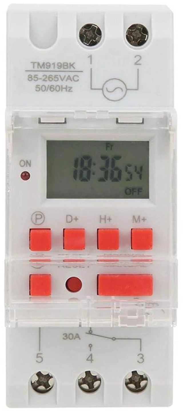 Main image of AC 85-265V 30A Timer Switches TM919BK Digital Timer 24Hours 7Days Programmable Countdown LCD Display 16 On/Off Settings 35mm DIN Rail