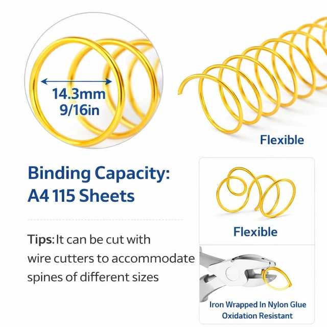 Alt view image 2 of 6 - 100Pcs Spiral Binding Coils 4:1 Pitch 48 Rings 115 Sheet Capacity 14.3mm Diameter Iron Wire Combs for A4/Letter Size Paper Gold Spines for Documents Reports Presentations