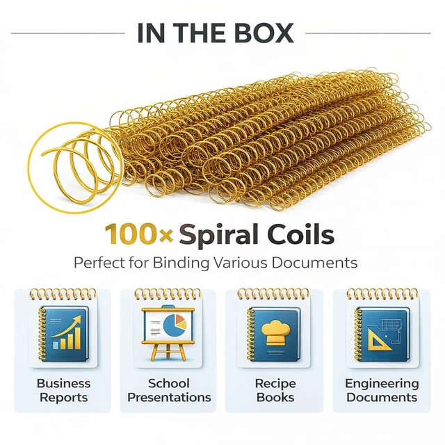 Alt view image 4 of 6 - 100Pcs Spiral Binding Coils 4:1 Pitch 48 Rings 115 Sheet Capacity 14.3mm Diameter Iron Wire Combs for A4/Letter Size Paper Gold Spines for Documents Reports Presentations