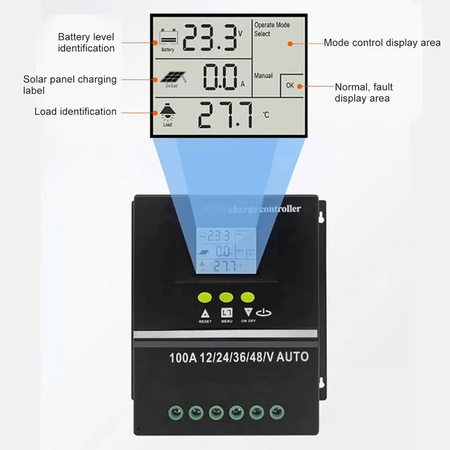 Alt view image 5 of 6 - 100A MPPT Solar Charge Controller Solar Panel Regulator 12V/24V/36V/48V Dual USB Ports Overload Temp Protection with 7 Work Modes for Gel Flooded LifePO4 Battery Charging