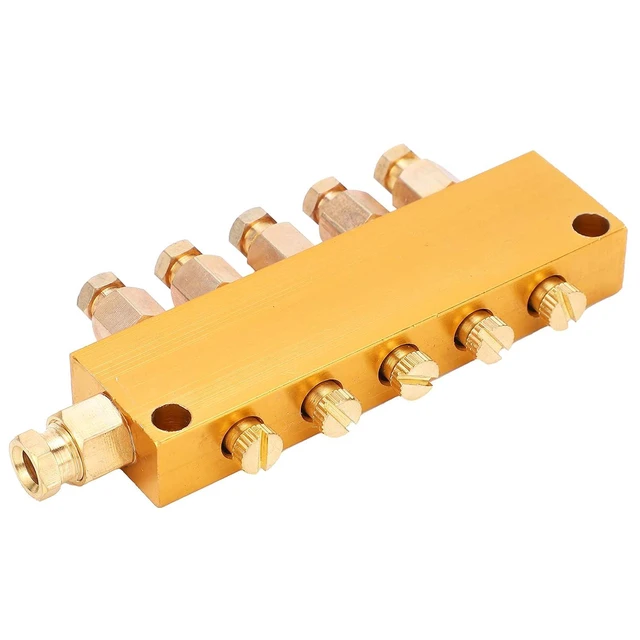 Alt view image 6 of 6 - Adjustable Oil Distributor Brass Lube Piston Separator Manifold Block Lubrication Divider Valve for Centralized Lubrication System Milling Machine CNC Lathe (1 in 5 Out)