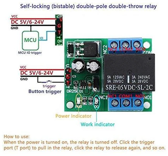 Alt view image 3 of 6 - DR25E01 DPDT Relay Module Double Pole Double Throw Self Locking Bistable Relay Module Board (DC 6-24V) for LED Motor Smart Home Control