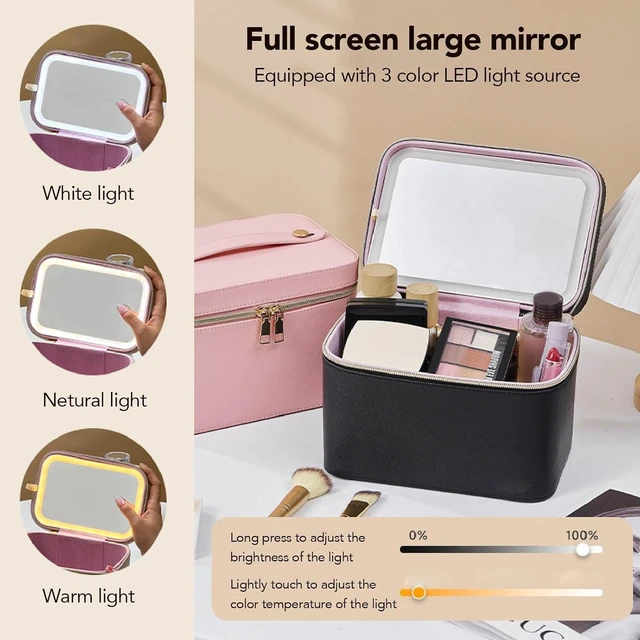 Alt view image 2 of 6 - Walfront Cosmetic Bag with LED Mirror PU Makeup Case with Lighted Mirror