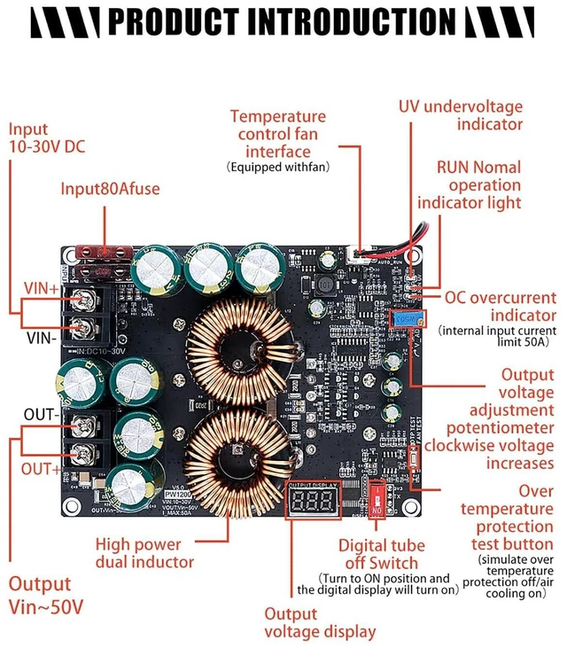 Alt view image 6 of 6 - Walfront Boost Converter Step Up Voltage Converter 1200W Dual Inductor Boost Power Module for Audio Amplifier Power Source DC10-30V Vin-50V Maximum 1500W (ZK-PW1200)