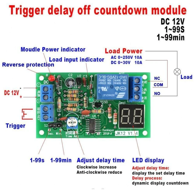 Alt view image 3 of 6 - DC12V Digital LED Display Countdown Timing Delay Timer Switch Turn Off Relay Module 1-99s/ 1-99min Adjustable