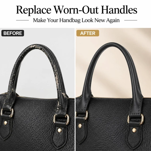 Alt view image 3 of 6 - Walfront Leather Bag Handles Leather Purse Handles Genuine Leather Bag Straps Handle For Hand Accessories With Thread Black Brown Optional(Black)
