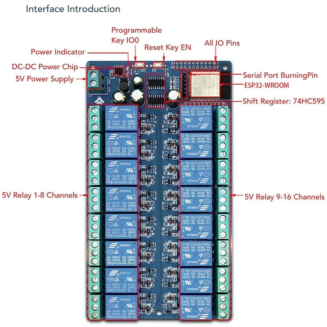 Alt view image 2 of 6 - 16 Channel Relay Module, WROOM-32E WiFi BLE 5-12V DC