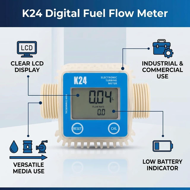 Alt view image 5 of 6 - Walfront K24 Turbine Flow Meter Digital Fuel Flowmeter with LCD Display for Water Chemical Liquids G1 (3.25cm) Male Thread Connection