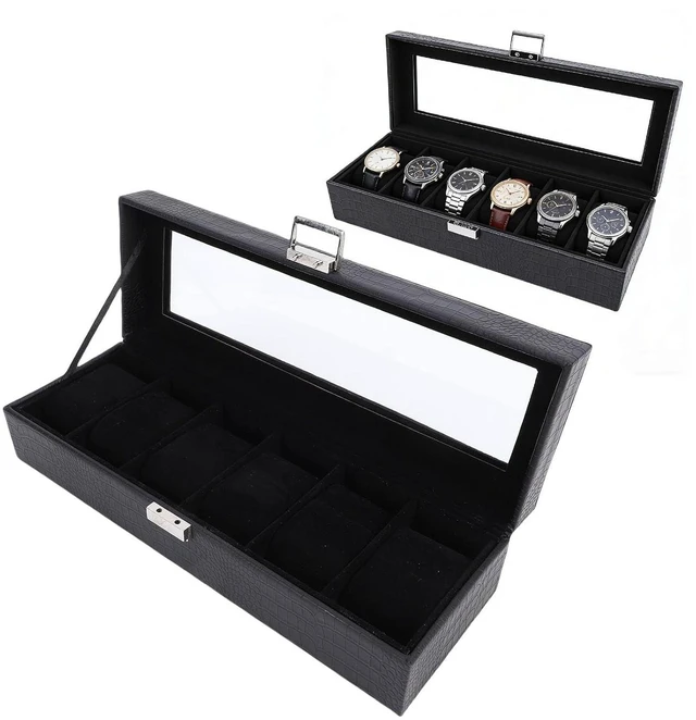 Alt view image 2 of 6 - Walfront Watch Box, Leather Watch Case with Clear Lid, 6 Slot Organizer