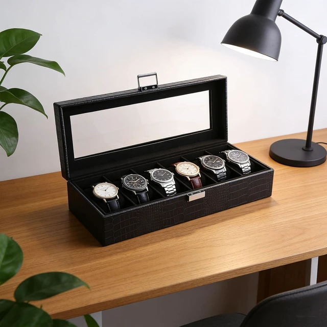 Alt view image 3 of 6 - Walfront Watch Box, Leather Watch Case with Clear Lid, 6 Slot Organizer
