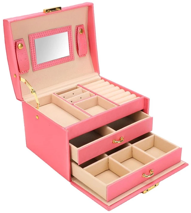 Alt view image 3 of 6 - Walfront Large Jewelry Box, PU Leather Multi Layer Jewelry Organizer with Mirror and Key, Large Capacity Storage Case for Women and Girls for Rings Earrings Necklaces Watches (Rose Red)