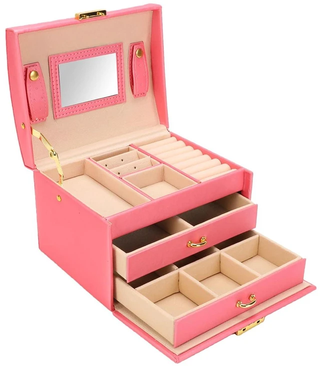 Alt view image 4 of 6 - Walfront Large Jewelry Box, PU Leather Multi Layer Jewelry Organizer with Mirror and Key, Large Capacity Storage Case for Women and Girls for Rings Earrings Necklaces Watches (Rose Red)