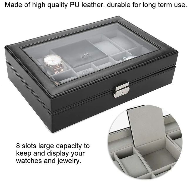 Alt view image 4 of 6 - Walfront 8Slot PU Leather Watch Case, Jewelry Display Box with Clear Lid, Spacious Organizer for Men Women Travel Storage