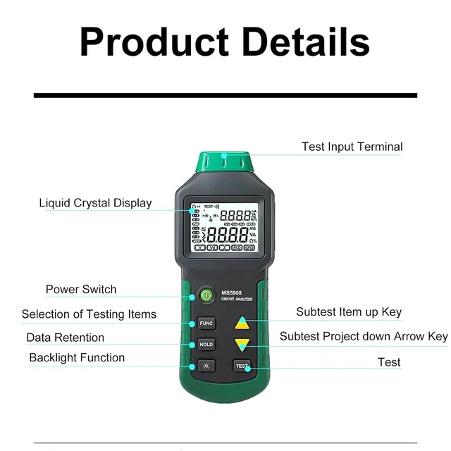 Alt view image 2 of 6 - Circuit Analyzer AC100-240V RMS Circuit Analyzer Tester MS5908A LCD Circuit Analyzer, Voltage Detector GFCI RCD Fault Tester (MS5908A US Plug)