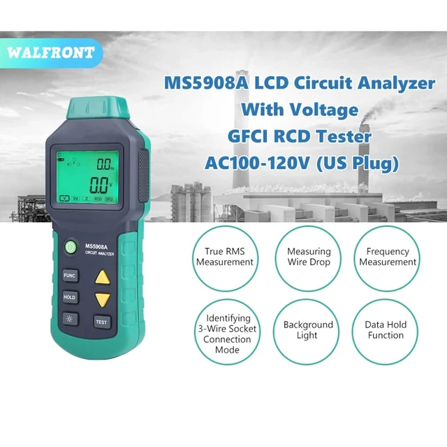 Alt view image 6 of 6 - Circuit Analyzer AC100-240V RMS Circuit Analyzer Tester MS5908A LCD Circuit Analyzer, Voltage Detector GFCI RCD Fault Tester (MS5908A US Plug)