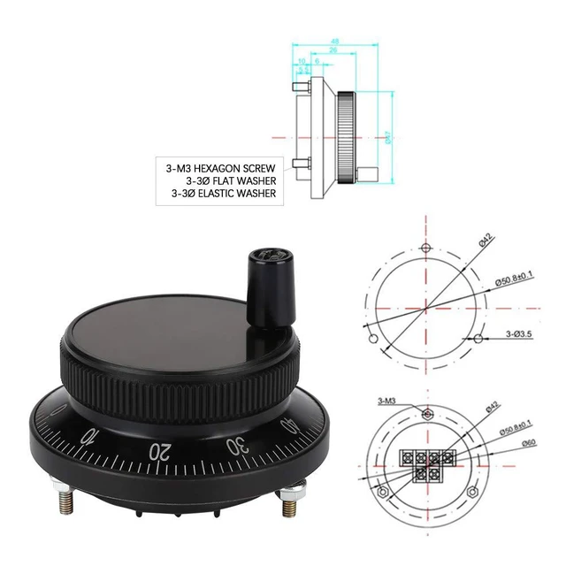 Alt view image 2 of 6 - Handwheel 100PPR Manual Pulse Generator 60mm CNC Encoder with 6 Terminals for CNC Mill Router Control System 5V Aluminum Rotary Knob (Black)