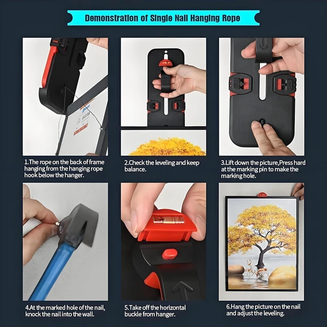 Alt view image 3 of 6 - Picture Hanging Tool with Level, Frame Leveler and Hanger for Wall, Picture Hanging Kit for Photos, Frames, and Wall Art