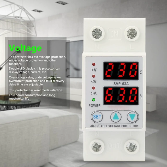 Alt view image 5 of 6 - Double LED Display Single Phase Adjustable Voltage Current Protector Voltage Protective Device AC230V 63A x 36 x 60mm