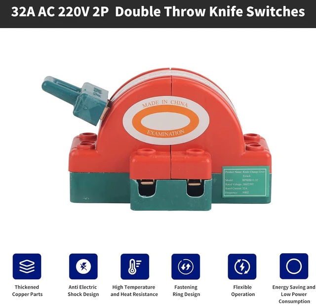 Alt view image 3 of 6 - 2 Pcs 32A 220V 2 Pole Disconnect DPDT Double Throw Orange Household Circuit Dual Knife Switch for Home Appliances