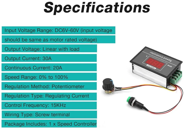 Alt view image 6 of 6 - DC 6-60V 12V 24V 36V 48V 30A PWM DC Motor Speed Controller (PWM) Speed Adjustable Stepless Governor Regulator Motor Speed Controller with Start Stop