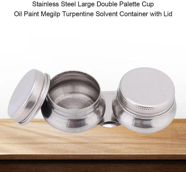 Alt view image 5 of 6 - Double Dipper Palette Cup - Stainless Steel Paint Solvent Container with Leakproof Lids Clip - Large Mouth Design for Oil Turpentine and Megilp - Fits Easily on Artist Palette