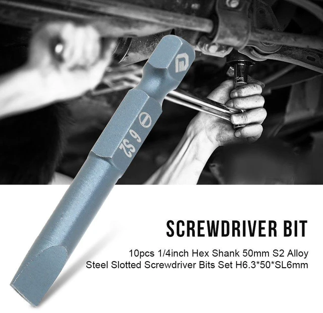 Alt view image 2 of 6 - 50mm Slotted Screwdriver Bits Set 10pcs, Magnetic Flat Head 1/4 Inch Hex Shank, S2 Alloy Steel Power Tool Accessories for Electric Drill Hand Screwdriver