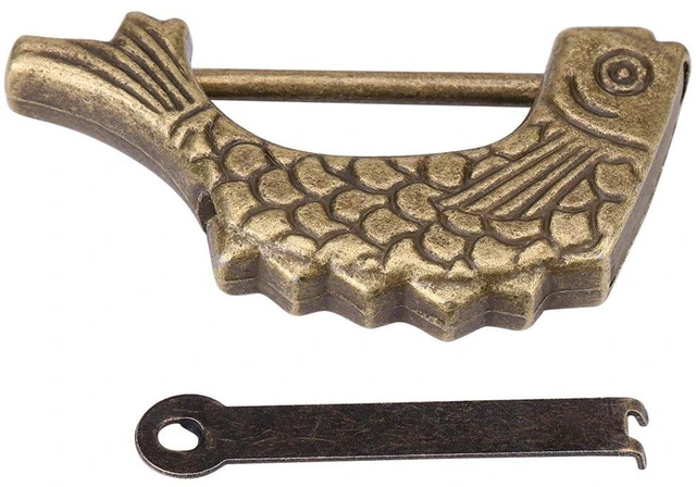 Main image of Padlock with Key Small Vintage Metal Fish Shaped Lock Fish Pattern Lock Retro Antique Bronze Chinese Padlock for Drawer, Jewelry Box Suitcase Home Decor - 59 × 31mm