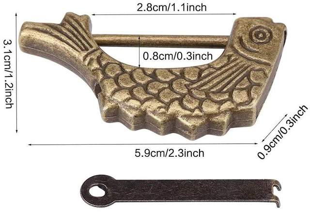Alt view image 2 of 6 - Padlock with Key Small Vintage Metal Fish Shaped Lock Fish Pattern Lock Retro Antique Bronze Chinese Padlock for Drawer, Jewelry Box Suitcase Home Decor - 59 × 31mm
