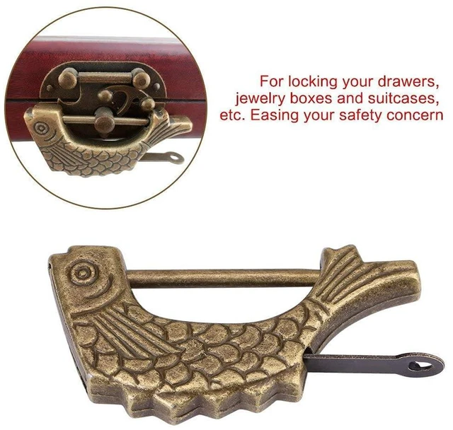Alt view image 3 of 6 - Padlock with Key Small Vintage Metal Fish Shaped Lock Fish Pattern Lock Retro Antique Bronze Chinese Padlock for Drawer, Jewelry Box Suitcase Home Decor - 59 × 31mm