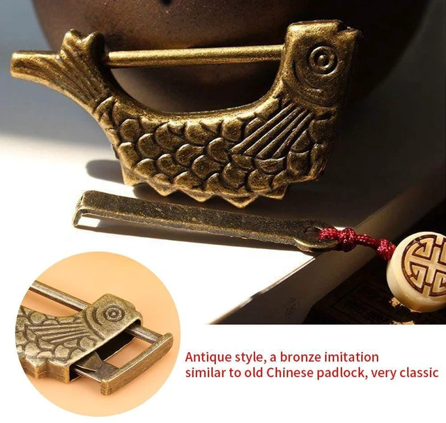 Alt view image 4 of 6 - Padlock with Key Small Vintage Metal Fish Shaped Lock Fish Pattern Lock Retro Antique Bronze Chinese Padlock for Drawer, Jewelry Box Suitcase Home Decor - 59 × 31mm