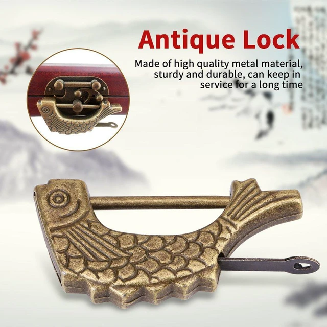Alt view image 5 of 6 - Padlock with Key Small Vintage Metal Fish Shaped Lock Fish Pattern Lock Retro Antique Bronze Chinese Padlock for Drawer, Jewelry Box Suitcase Home Decor - 59 × 31mm