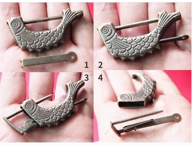 Alt view image 6 of 6 - Padlock with Key Small Vintage Metal Fish Shaped Lock Fish Pattern Lock Retro Antique Bronze Chinese Padlock for Drawer, Jewelry Box Suitcase Home Decor - 59 × 31mm