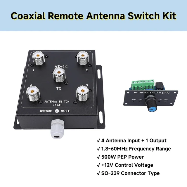 Alt view image 3 of 6 - 4 Way Coaxial Antenna Remote Switch SO-239 Connector Remote Control 500W PEP 1.8-60MHz HF Coax Antenna Switch (1*AT14 + *Controller kit)