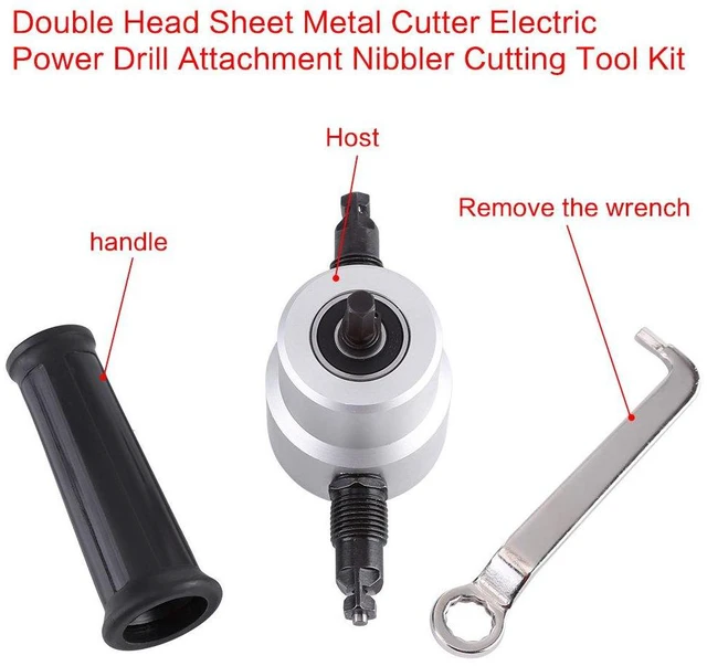 Alt view image 3 of 6 - Double Head Metal Sheet Nibbler Cutter 360 Degree Adjustable Punch Nibbler Cutting Tools Kit Drill Attachment with Wrench for for Straight Curve & Circle Cutting