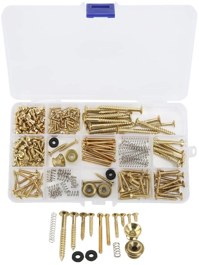 Main image of Walfront Electric Guitar Screw Kit Multiple Sizes Guitar Metal Repairing Tool Kit with Screws Washers and Springs Repair Fasteners(Gold)