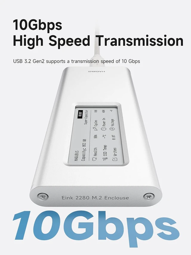Alt view image 3 of 6 - Hagibis SSD Enclosure, E-Ink Display Aluminum 10Gbps M.2 NVMe SSD Case, Ink Screen Super Capacitor USB 3.2 Gen 2 to PCI-E NVMe M and B&M Keys External SSD Enclosure for 2230/2242/2260/2280 SSDs 9210CN