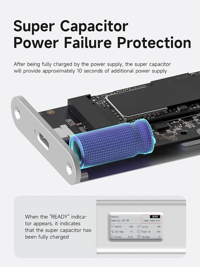 Alt view image 4 of 6 - Hagibis SSD Enclosure, E-Ink Display Aluminum 10Gbps M.2 NVMe SSD Case, Ink Screen Super Capacitor USB 3.2 Gen 2 to PCI-E NVMe M and B&M Keys External SSD Enclosure for 2230/2242/2260/2280 SSDs 9210CN