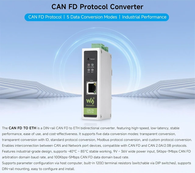 Alt view image 2 of 6 - Industrial CAN FD Converter, CAN FD to ETH Bidirectional Data Communication, Supports 5 Data Conversion Modes and CA N 2.0A/2.0B Protocols, Rail-Mount Support